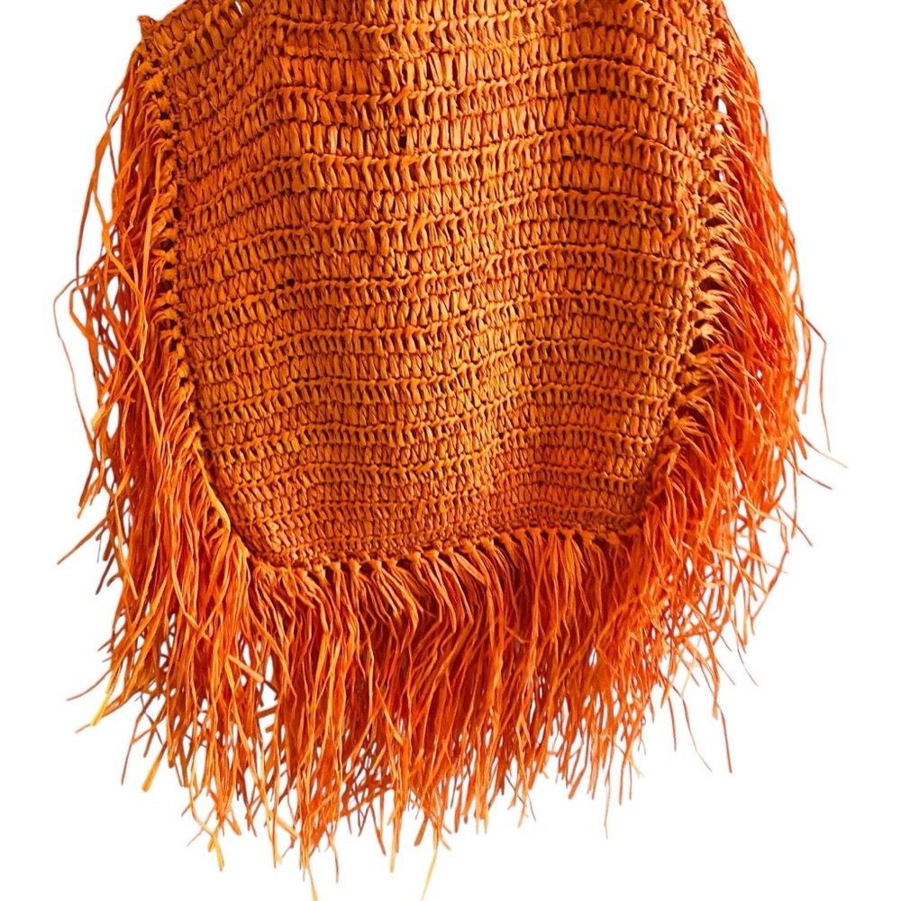 America & Beyond NWT Coachella Raffia Fringe Tote Orange - Picture 3 of 11